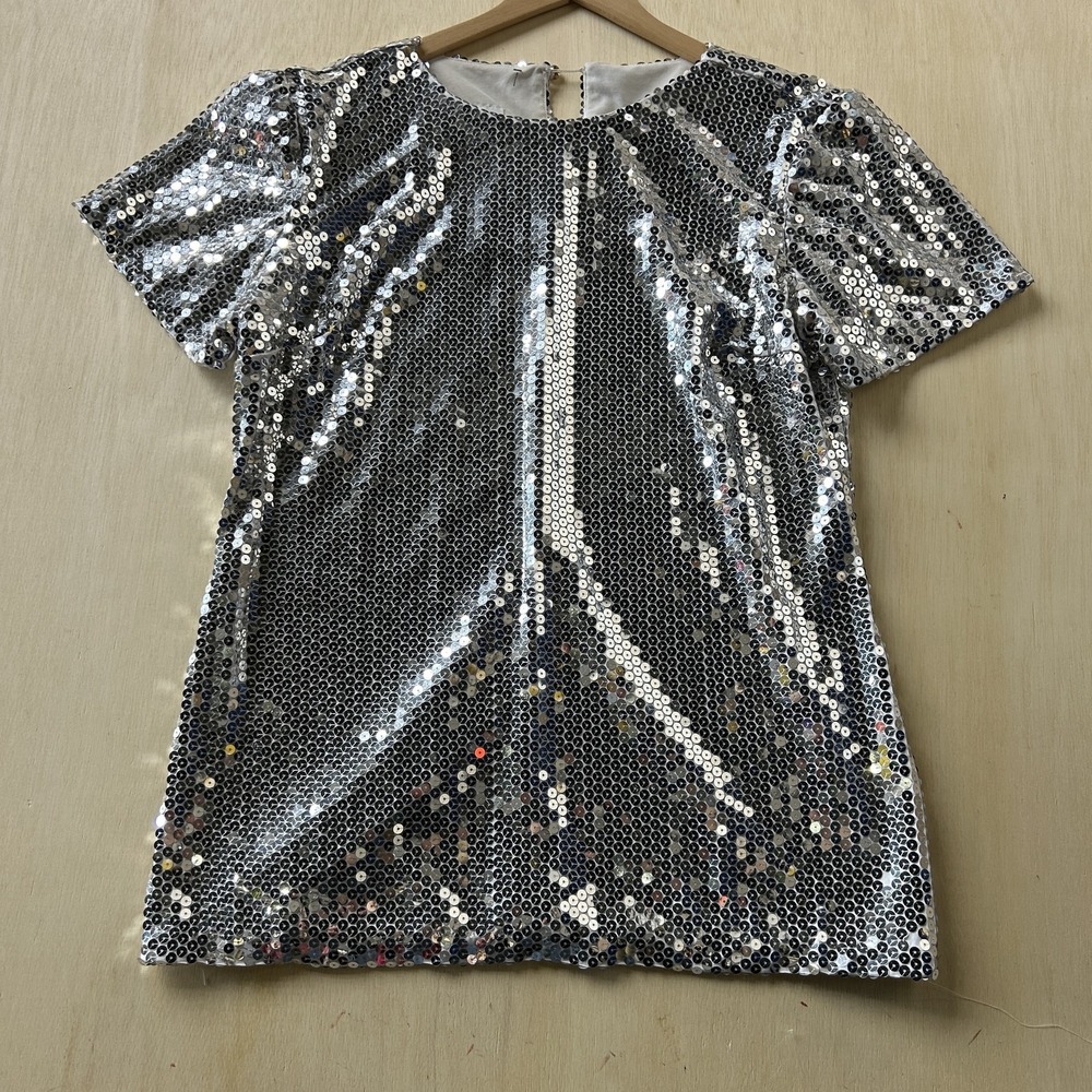 Y2K Expo Blouse Womens 16 Silver Sequin Short Sleeve Lined Party Top Sparkle